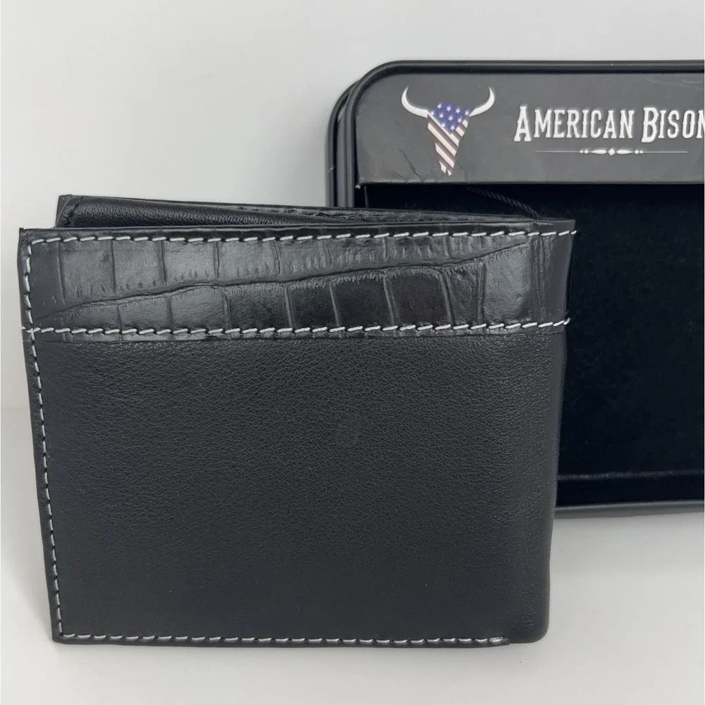 American Bison Genuine Leather Wallet Black Croc Embossed Bifold Metal Logo NEW